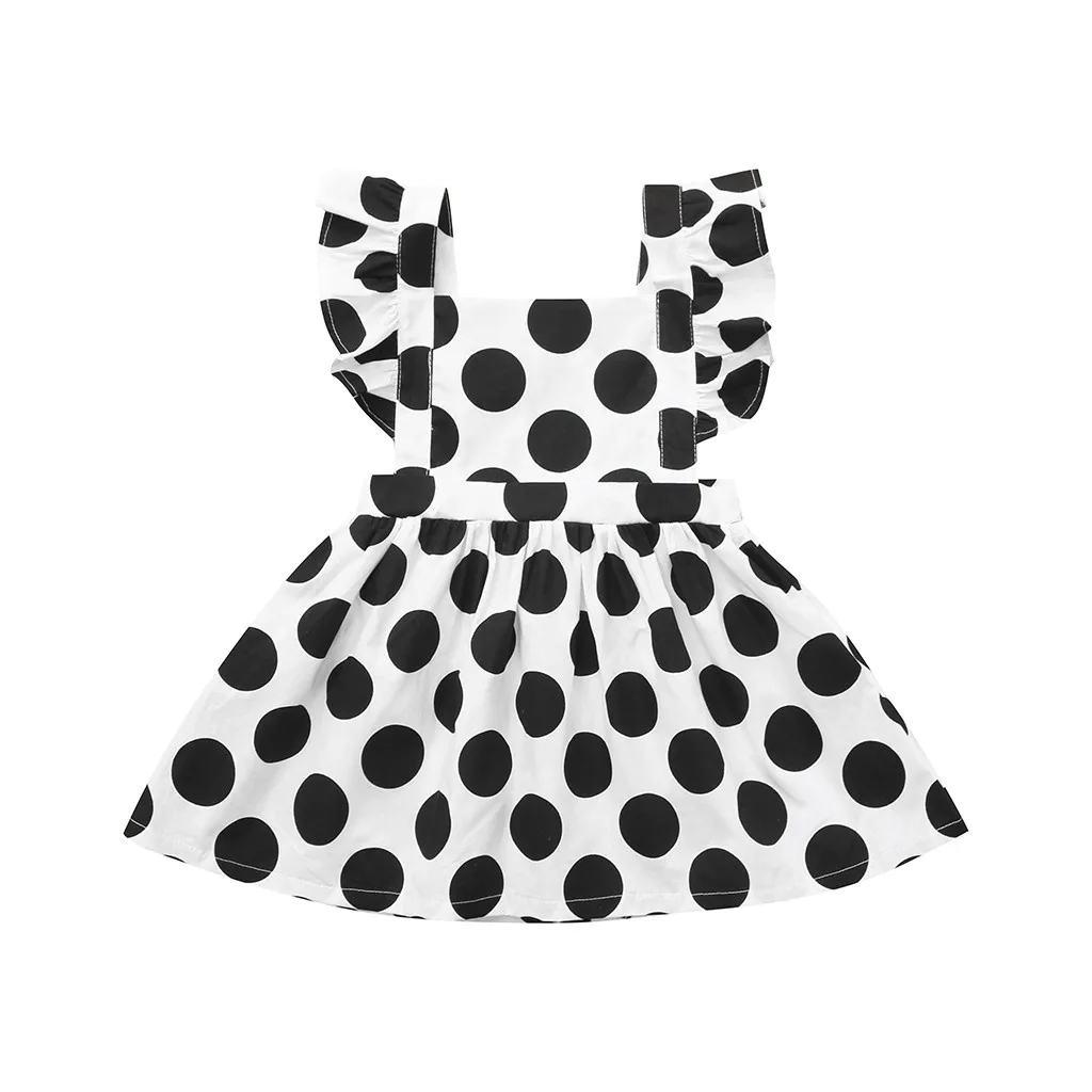 Модное платье в виде симпатичного черного и белого цвета в горошек с открытой спиной Повседневное детские для девочек, рукава-крылья летнее платье-комбинезон платья принцессы, одежда