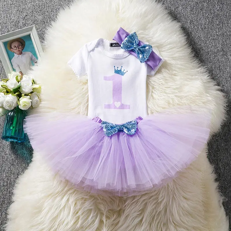 Платье для новорожденных девочек, одежда для первого дня рождения из 3 предметов(комбинезон+ платье-пачка+ повязка на голову), Детская праздничная одежда маленькой принцессы, Размер 0-12 месяцев - Цвет: As Picture
