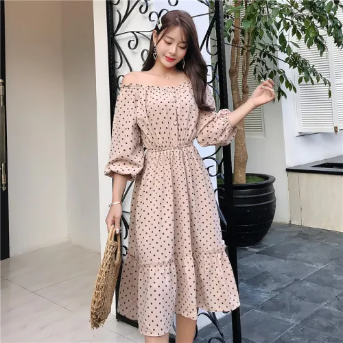 

Spring Preppy Style Women Dress Three Quarter And Lantern Sleeves Slash Neck Vestido Knee-length Princess Womens Dresses