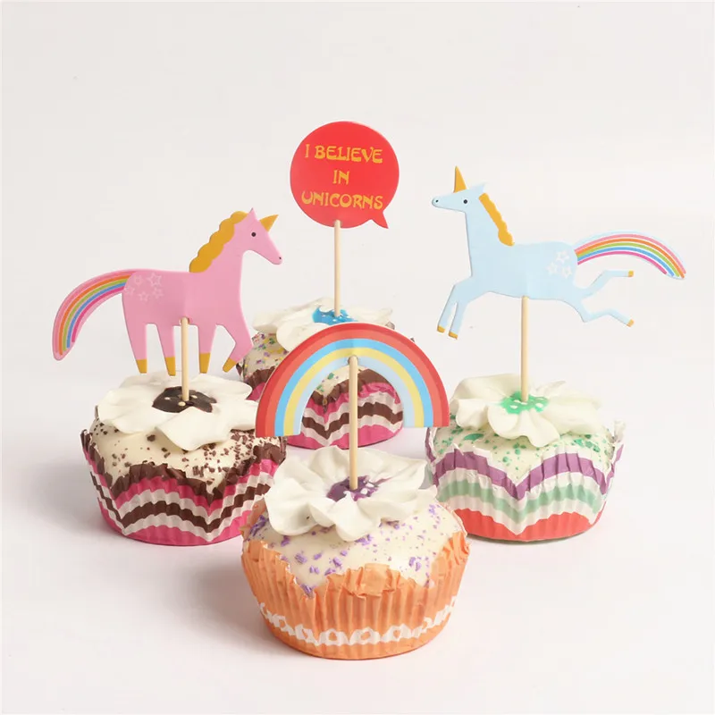 

24pcs/lot Cartoon rainbow Unicorn Cupcake Toppers Picks Birthday Party Decoration Kids Shower Boy Favors Cake Decorating