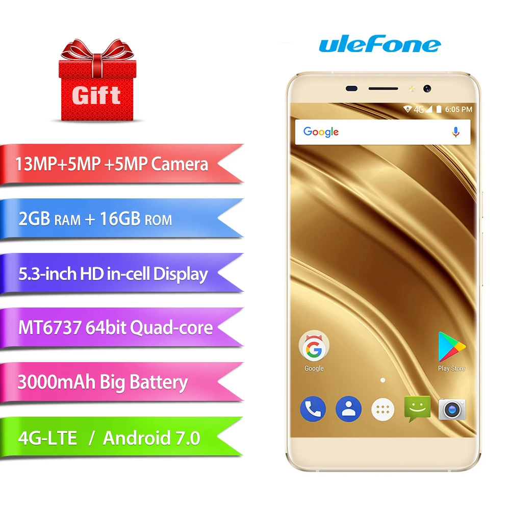 

Ulefone S8 Pro Mobile Phone 5.3" MT6737 Android 7.0 Quad Core 13MP+5MP 2GB RAM 16GB ROM 3000mAh Fingerprint ID Smartphone