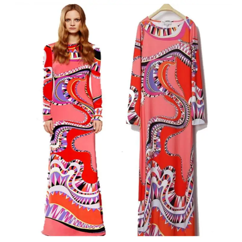 

Bohemia women dress Long Sleeves Colourful Print Jersey Silk Maxi long Dress Z-1-210