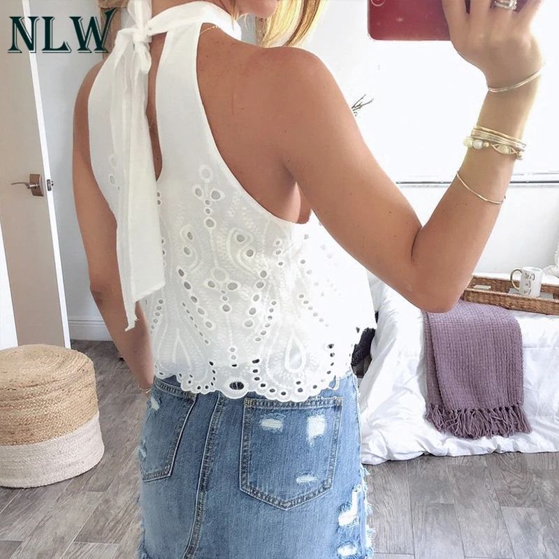 

NLW Sexy Off Shoulder White Embroidery Womens Tops and blouse 2019 Summer Stylish Halter Hollow out Crop Plus Size Shirt