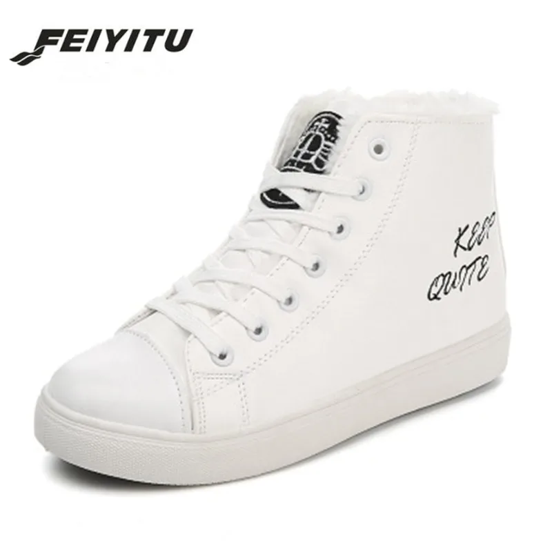 

Feiyitu Women Boots Snow Warm Winter Sneakers PU Boots Botas Lace Up Mujer Fur Ankle Boots Ladies Winter Shoes Black white 40