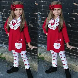 Бесплатная доставка, 3 шт., Рождественская одежда, модная детская одежда для девочек, платье с рисунком Санты + штаны + набор повязок, теплый