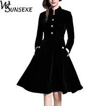 Здесь можно купить  2017 Winter Elegant Black Velvet Dress Women Vintage Warm Long Sleeve Ladies Office Dresses Tunique Dames Jurken Femme Vestido  