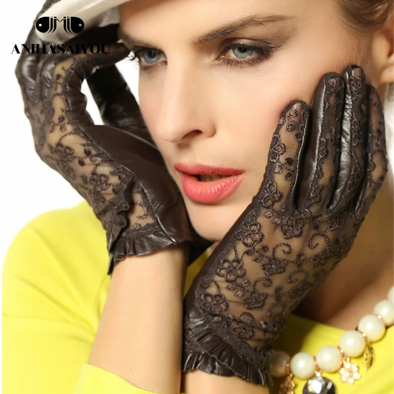 Высококачественные женские перчатки, женские кожаные перчатки для вождения, модные кружевные перчатки, короткие перчатки из натуральной кожи-L095