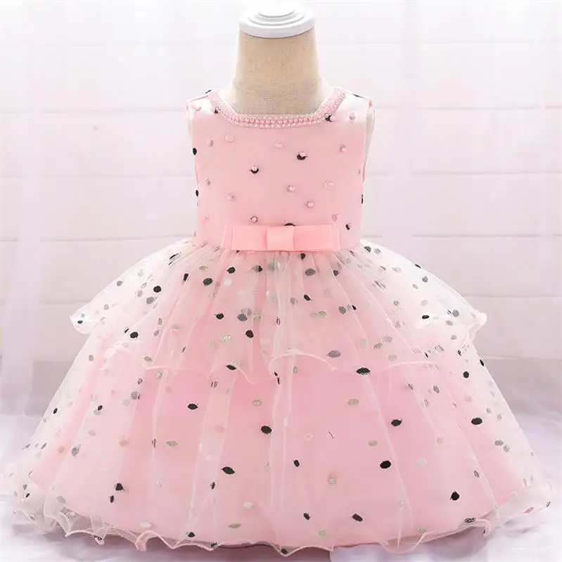 Коллекция года, летняя одежда платье для крещения Свадебные платья для маленьких девочек платье для первого дня рождения для девочек вечерние платья принцессы в горошек с бисером для детей возрастом 6, 3, 9 месяцев - Цвет: Shrimp powder