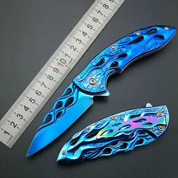 

Blue Fire Flame Fold Knife blue Titanium Artwork Blade Handle Folding Knife Collect knife 440C Rainbow belt clam