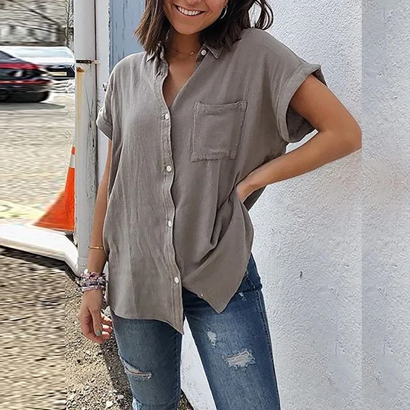 

5XL Large Size Cotton Linen Blouse Shirt Causal Summer Autumn Tops Women 2019 Short Sleeve Turn-down Blouses Solid Blusas
