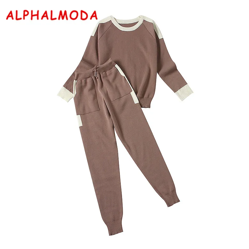 

ALPHALMODA Aautumn Winter Women Knit Pants and Sweater 2pcs Clothes Sets Round Neck Pullovers Color Knit Pocket Pants Sets