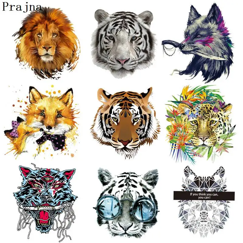 

Prajna Punk lion Animal Patches Heat Transfer Sticker Iron On Patches Transfers For Clothes PVC Vinyl Decal Wolf Rock Decoration