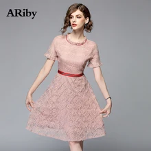 High-end Women Party Dress 2019 New Summer Sweet Style Embroidered Lace Dress Short Sleeves Solid Slim A-Line Knee-Length Dress