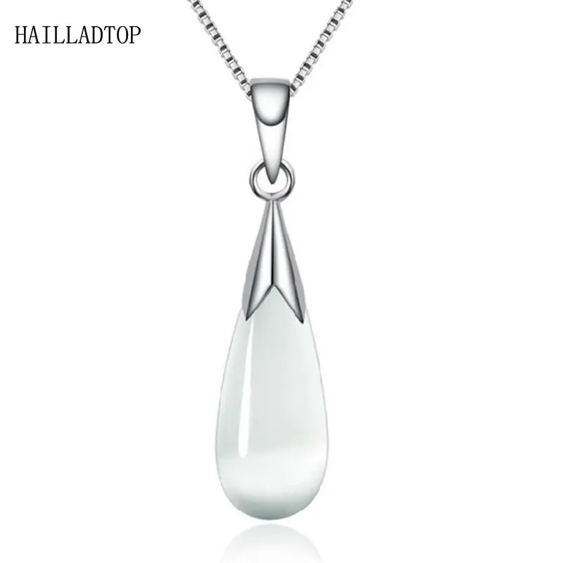 

Drop Pnedent Silver Plated Moonstone Necklace Charm Opal Cat Eyes Water Drop Natural Crystal Pendent Necklace Vintage Jewel