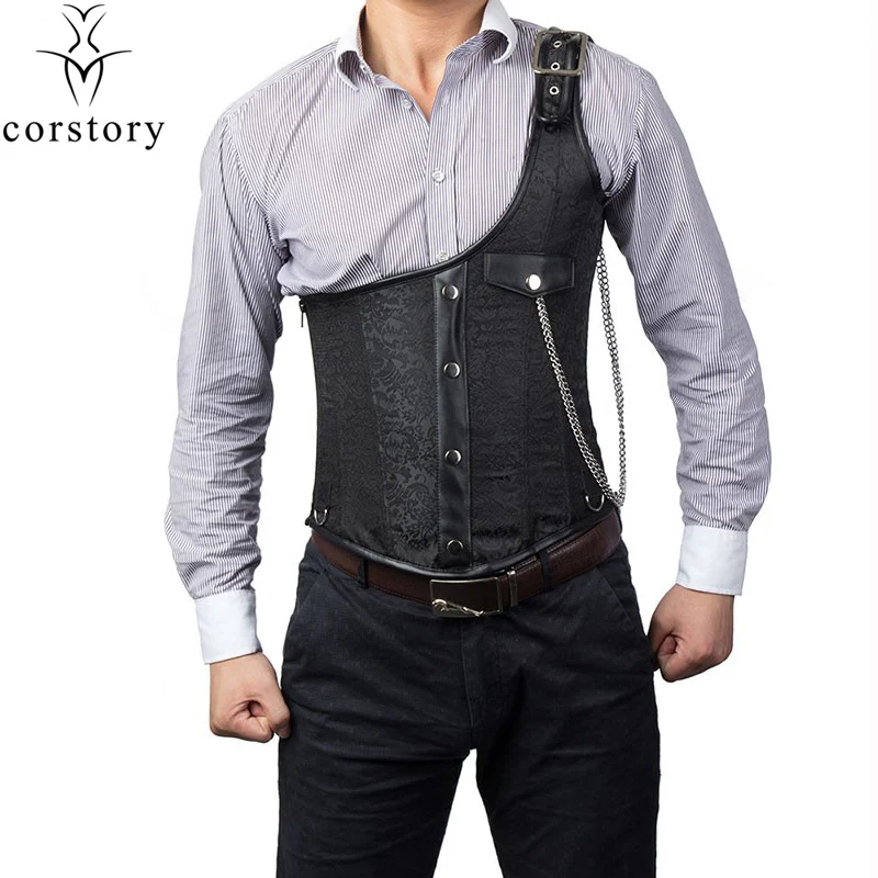 

Corstory Vintage Men Slimming Clothing Black Dobby Brocade Steel Boned Corset Vest One Shoulder Steampunk Underbust Bustier Tops