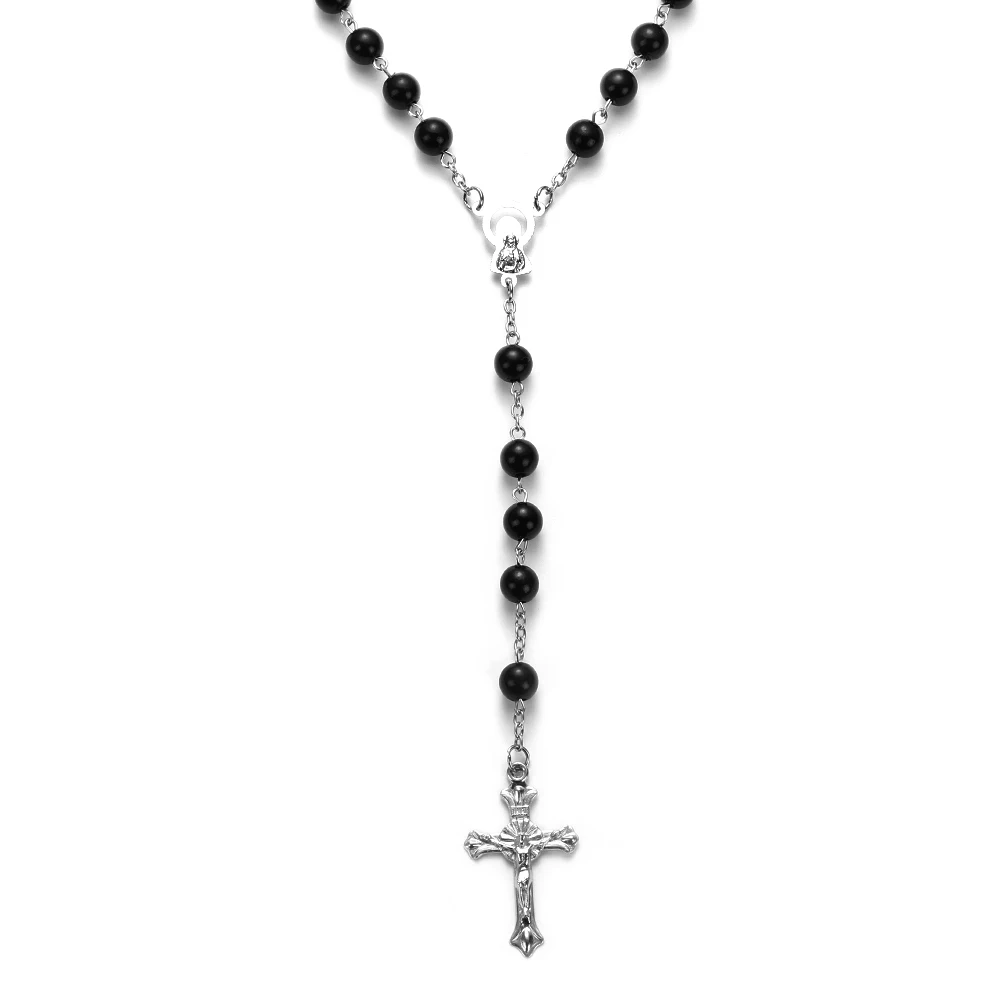 Новая мода ручная работа круглая стеклянная бусина католические четки качество бисера крест ожерелье бусы крест религиозные подвески ожерелье - Окраска металла: 1