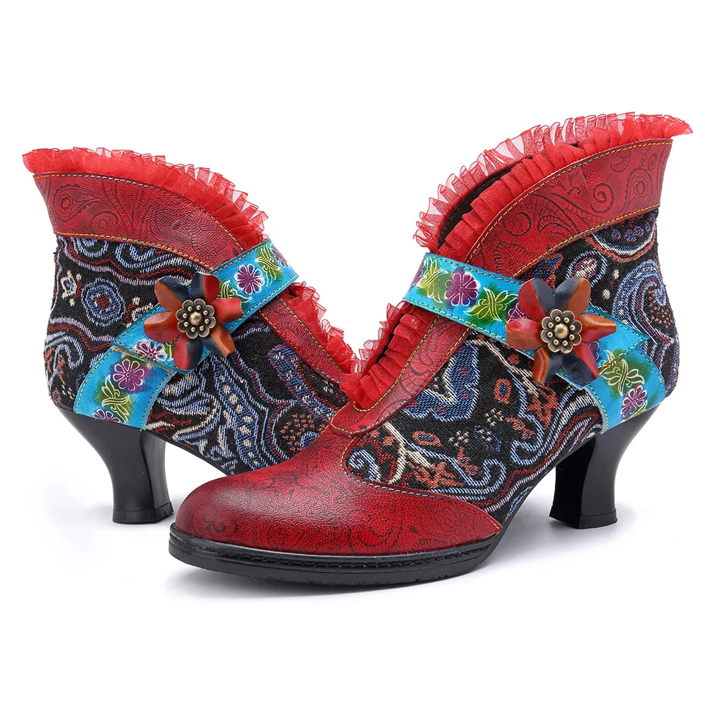 Genuine Leather Splicing Retro Ankle Boots For Women Shoes Woman Patchwork Lace D Knight Boots Block Heels Embroidy Botas Shoes (7)