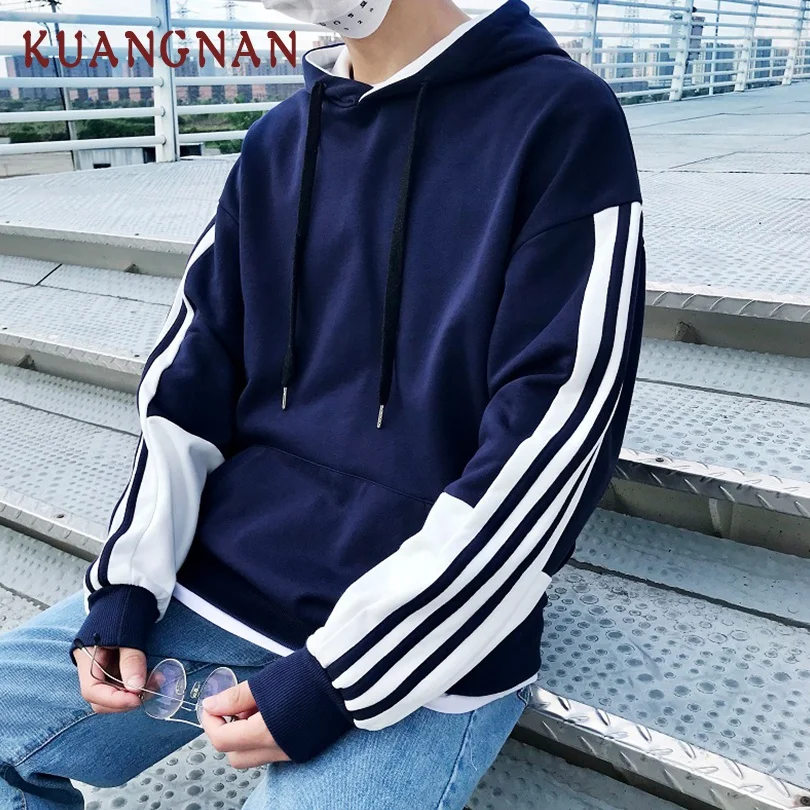 KUANGNAN/Повседневная полосатая Мужская Толстовка Harajuku с капюшоном мужская Японская