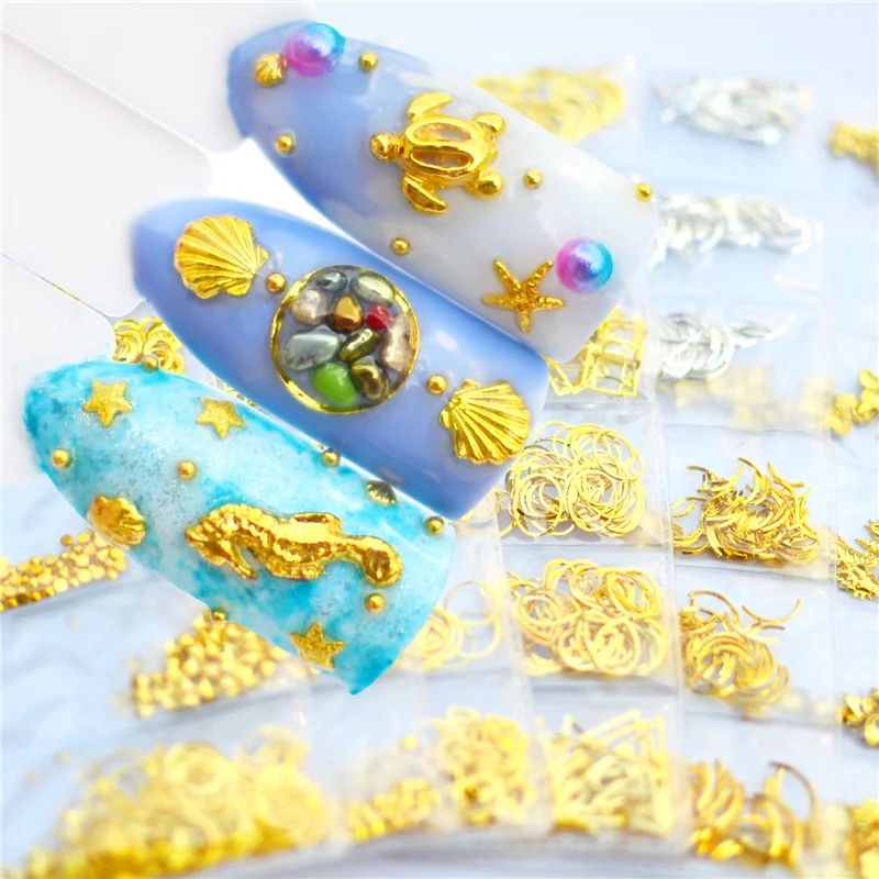 

YWK 1 Pack Gold Silver Mixed Hollow Metal Frame 3D Nail Art Decorations Ocean Seashell Metallic DIY Manicure Accessories