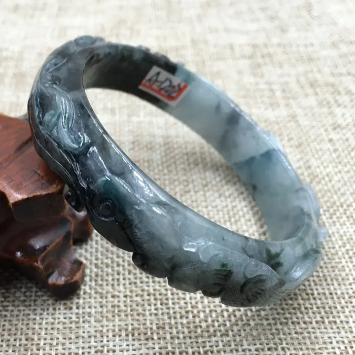 

A-1202 Vintage Chinese Hand-carved Black Green Jadeite Jade Bangle Bracelet 60mm 28% 10.13