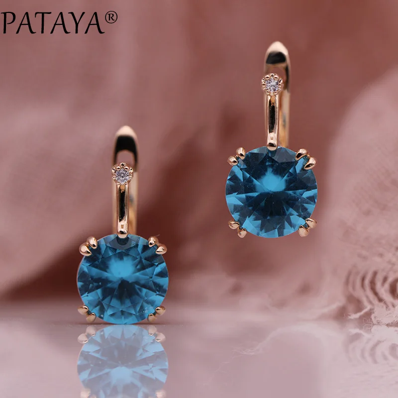 

PATAYA 828 Promotion New Round Blue Earrings Women Fashion Noble Wedding Jewelry 585 Rose Gold Natural Zircon Dangle Earrings