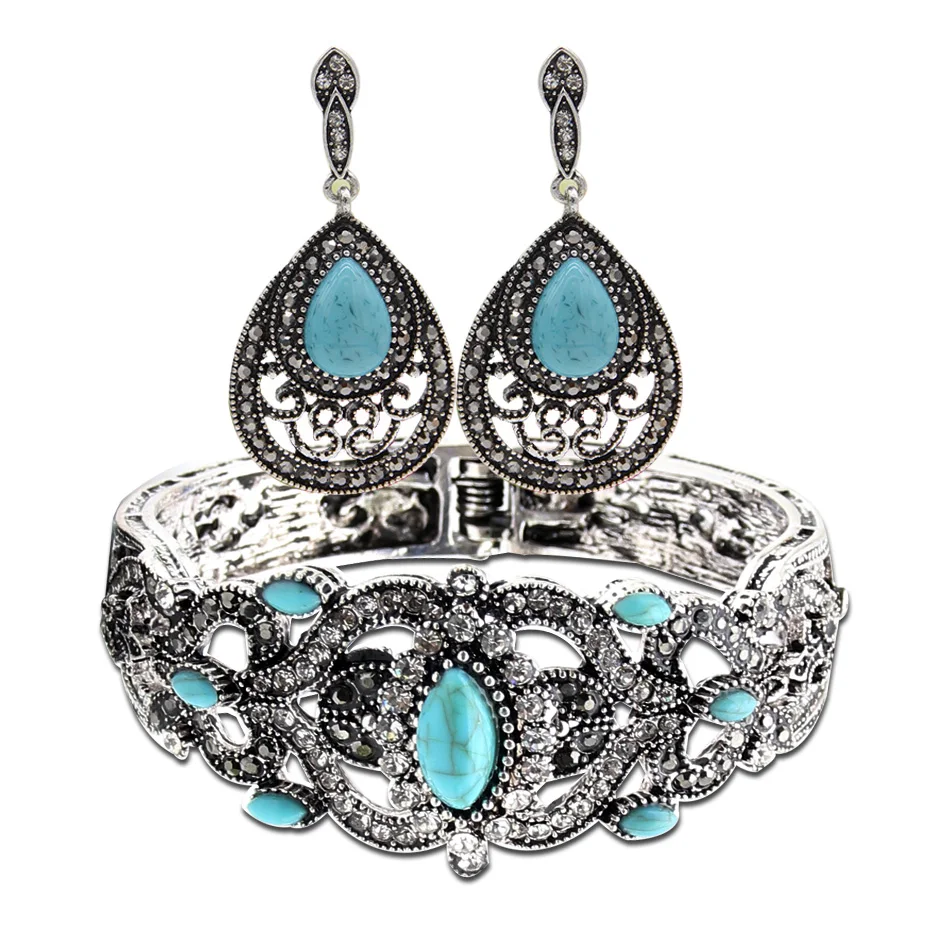 

Classic Women Bangle Cuff Dangle Earrings Hollow Flower Drop Earrings Bracelet Antique Color India Bride Wedding Jewelry Sets