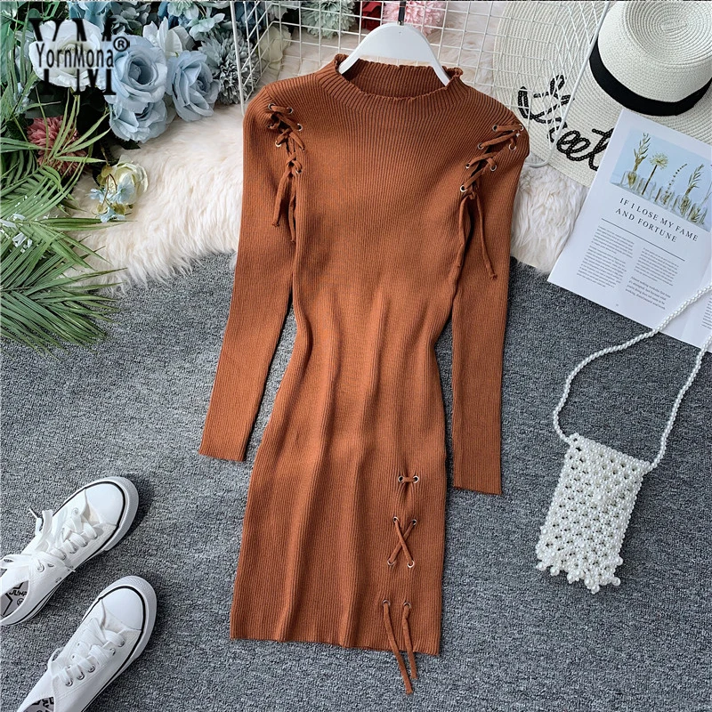 

YornMona Long Sleeve Autumn Dresses 2019 Fashion Half Turtleneck Women Bandage Bodycon Dress Slim Knitted Ladies Dresses vestido