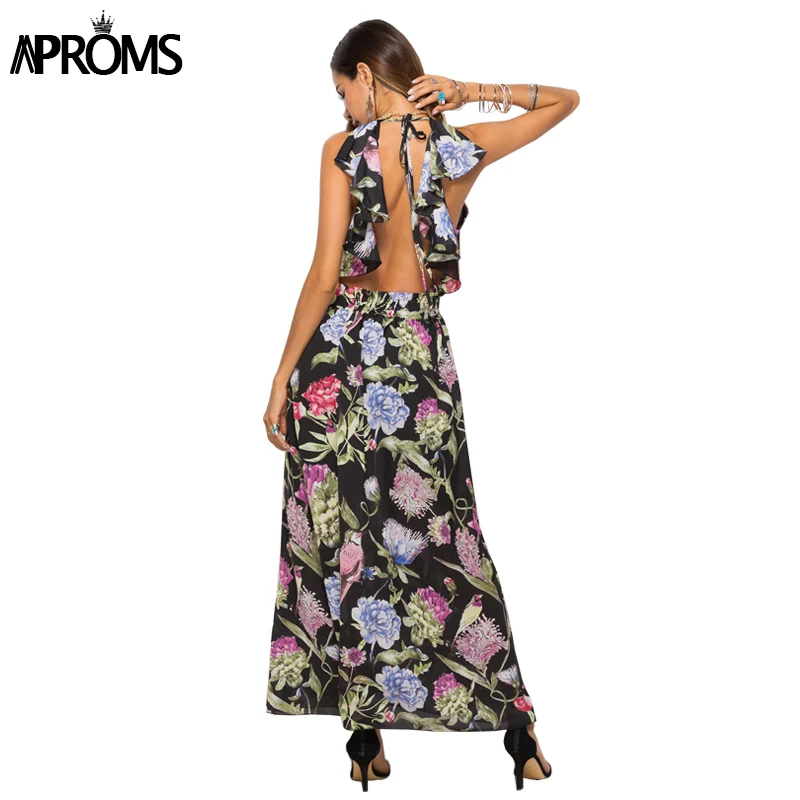 

Aproms Elegant Backless Flower Print Summer Maxi Dress Women Sleeveless V-neck Chiffon Dress 2019 Female Boho Beach Long Dresses