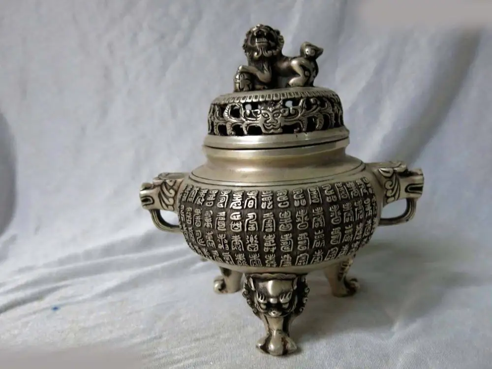 

Chinese silver Foo Dogs Lion bat Life Shou Word censer Incense Burner Statue