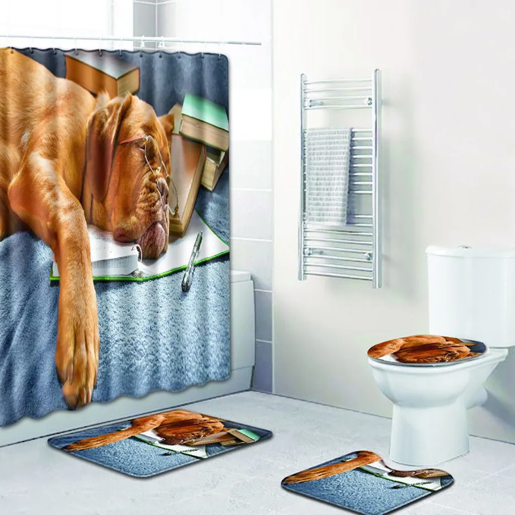 

Ouneed 4PCS set Cute dogs print Bathroom Shower Curtains set Non Slip landscape pattern Toilet Shower curtain Cover Mat set 2019