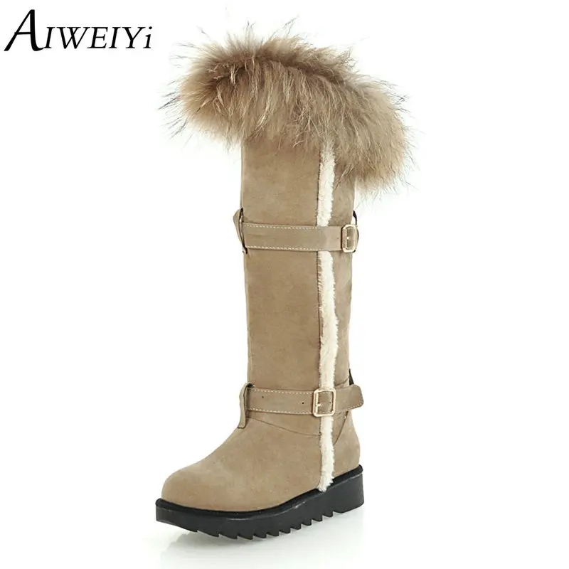 

AIWEIYi Rabbit Fur Snow Boots for Women Black Round toe Flat Heel Shoes Woman Winter Snow Boots Knee High Boots