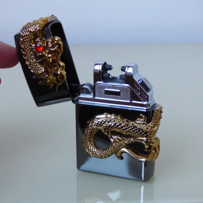 windproof double Arc Cigarette dragon embossed lighter charge flameless