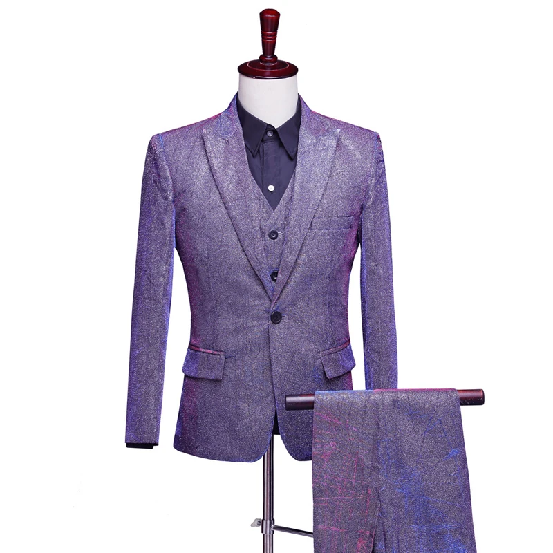 Shenrun мужской модный Блестящий цветной обтягивающий Костюм приталенный фиолетовый серый синий Свадебный Жених выпускного вечера 3 шт Мужские костюмы обтягивающие - Цвет: Purple
