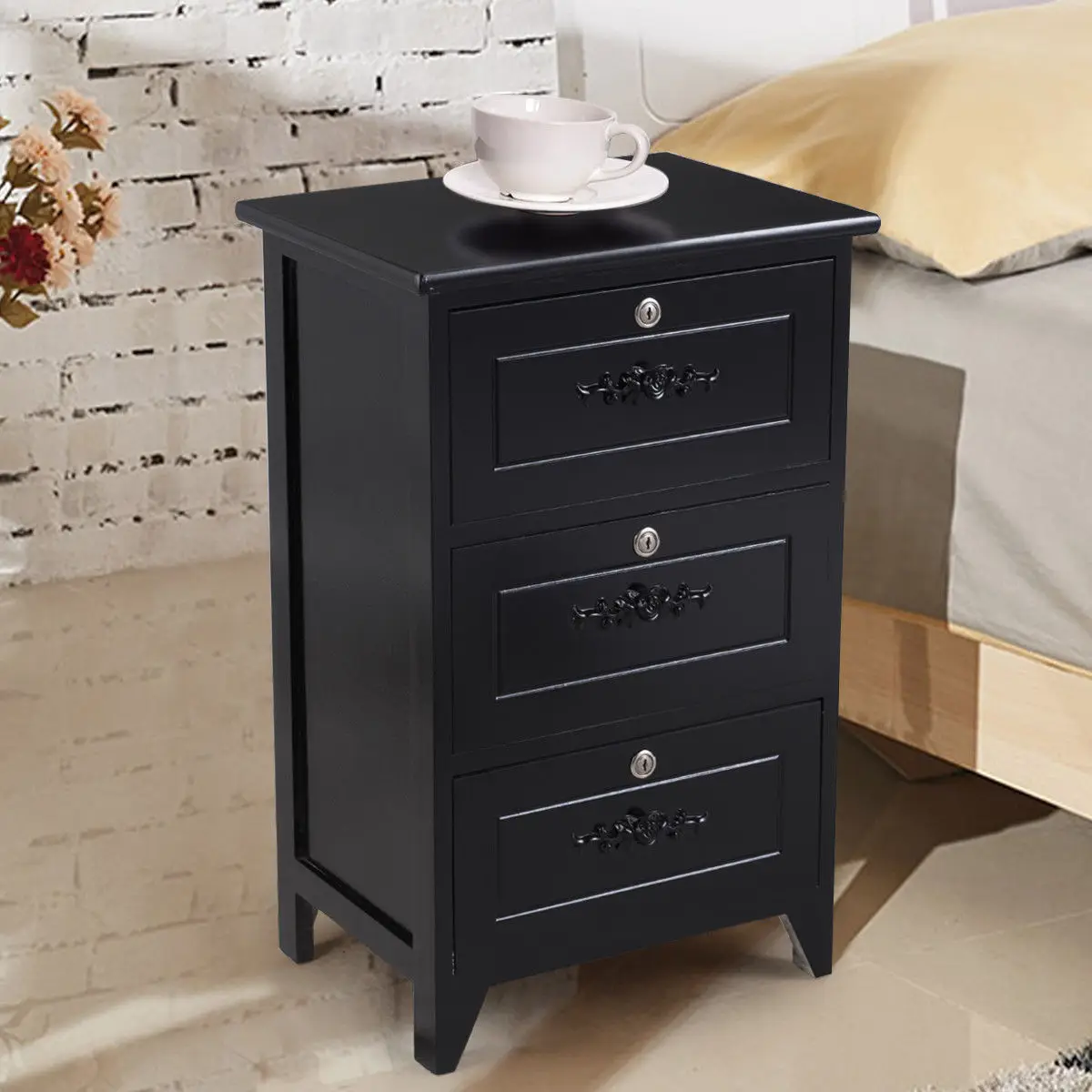 Giantex Bedroom Nightstand Modern End Beside Table with 3 Drawer Storage Organizer Wooden Home Furniture HW56018BK