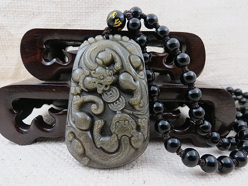 

AAAAA natural hand-carved two unicorn gold Obsidian pendant a symbol of wealth 35%