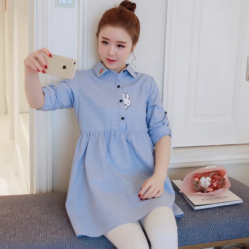 Рубашка для беременных весна и осень корейский длинный рукав хлопок вышивка на средние Длина блузки для беременных брендовая одежда