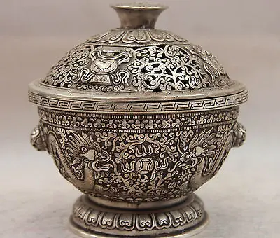 

Garden Decoration Tibetan silver Pure China White Copper Silver 2 Dragon Play Bead Bowl Pot Incense Burner Censer