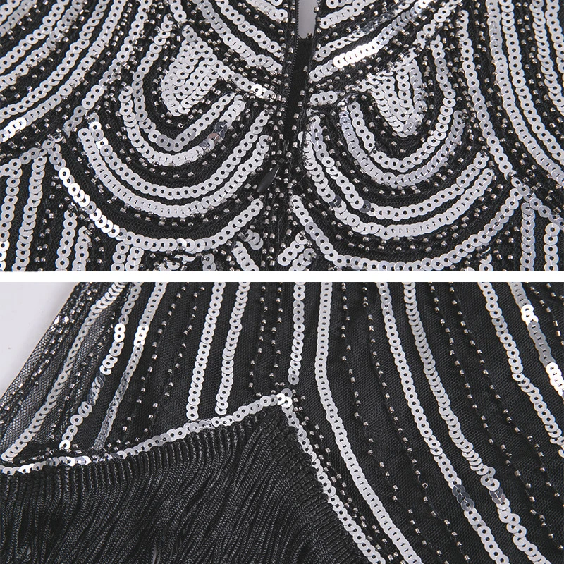 Женские винтажные вечерние платья в стиле Грейт Гэтсби, с v-образным вырезом, с рукавом, с блестками, с бахромой, миди, летние платья, украшенные в стиле арт-деко, 1920s