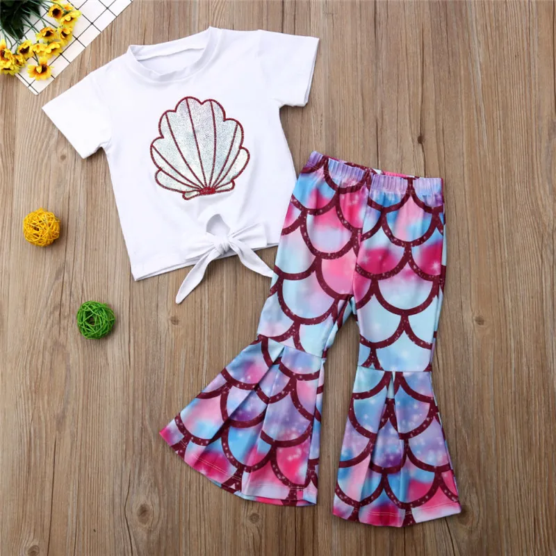 

2019 New 2PCS Toddler Kids Baby Girl Clothes Summer Short Sleeve Tops Mermaid+Flared Pants Fashion Outfits Sunsuit 0 to 5Y