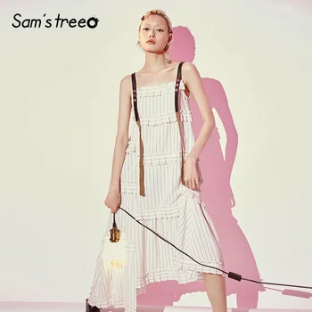 

Samstree White Striped Women Cotton Dresses Fashion Asymmetrical Off Shoulder Strap Dress 2019 Summer Elegant Party Dress