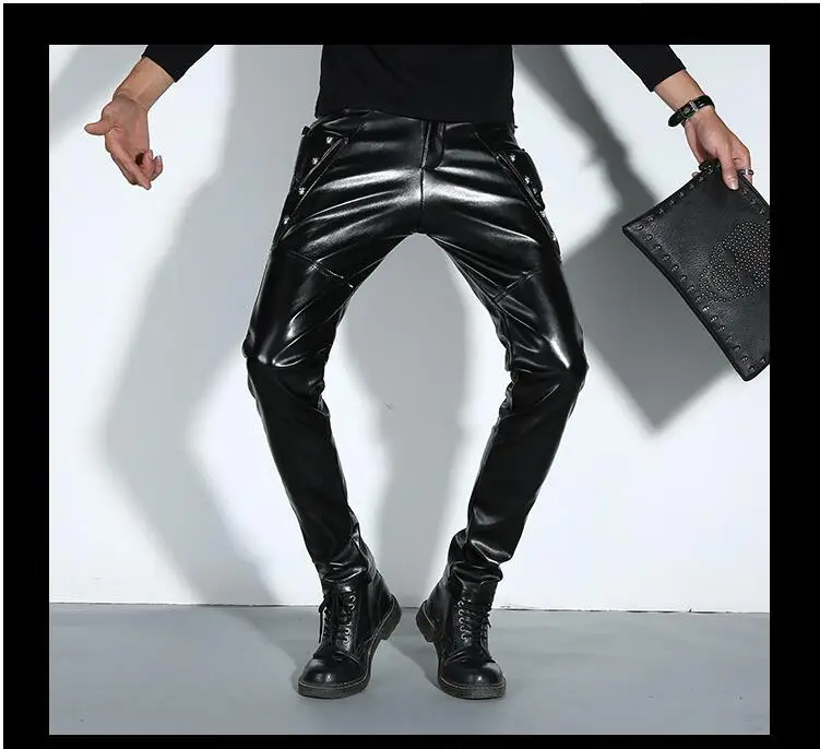 New Men Skinny Leather Pants Fashion Faux Leather Trousers For Male DJ Rock Stage Club Wear Biker Motorcycle Pants