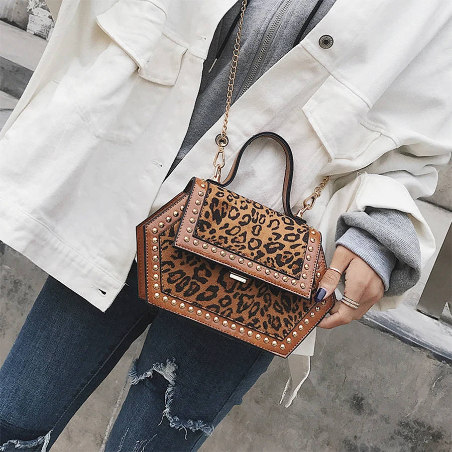 

Leopard Print Women Messenger Bag Hexagon Shape Women Shoulder Bag Winter Plush Females Handbag Rivet Chains Lock Crossbody Bags