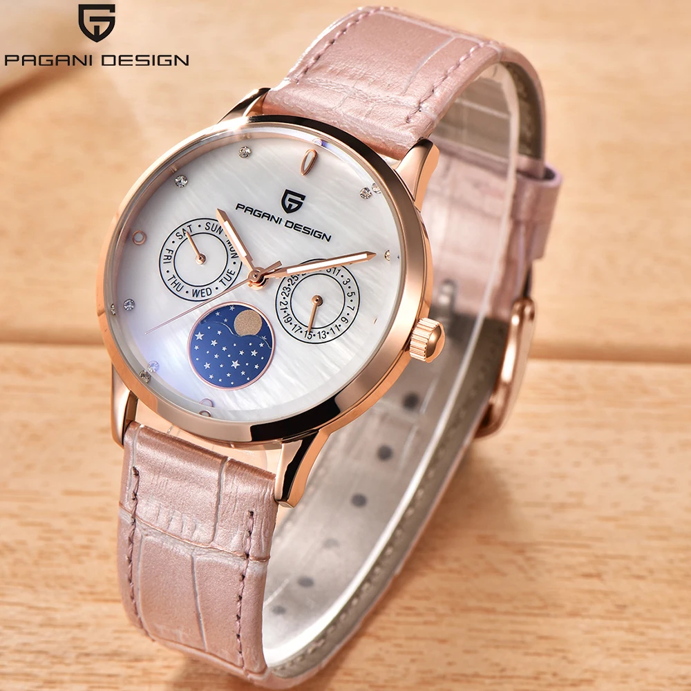 

Pagani Brand Women's Watch Luxury Fashion Elegant Leather Strap Starry Sky Week Calendar Display Ladies Quartz Watches