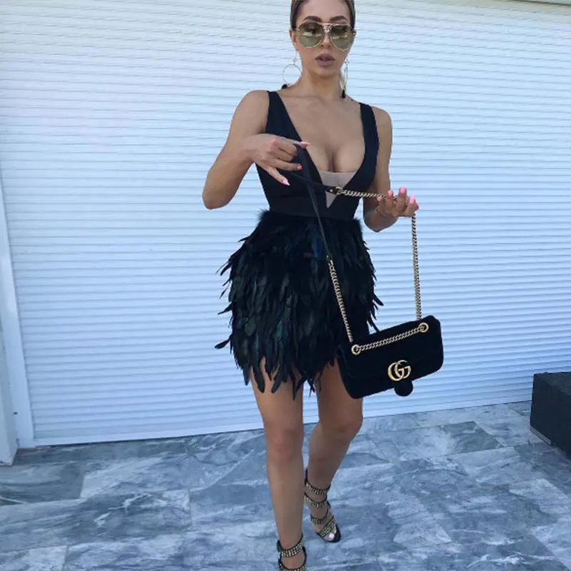 

ERDAOBEN New Women Mercerized Black Blazer Dresses Fashion V Neck Slim Sleeveless Dress Ostrich Real Fur Luxury Elegant H5554