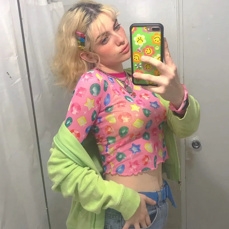 Новая Сексуальная Сетчатая футболка harajuku с круглым вырезом и принтом женская