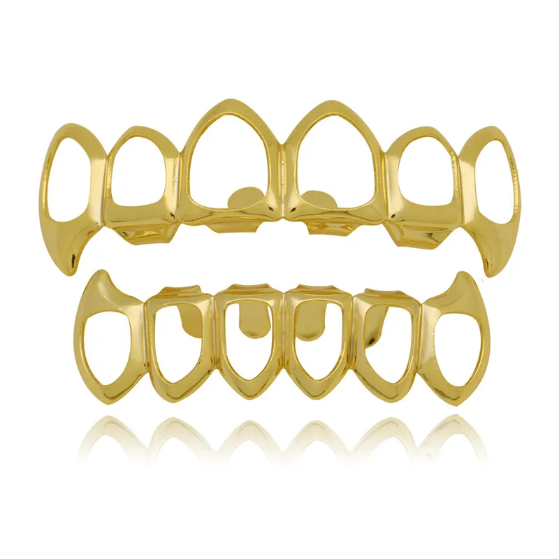 

Hip Hop Teeth Grillz Hollow Out Vampire Gold Teeth Grillz Top&Bottom Open Grills Dental Cosplay Tooth Caps Rapper Jewelry Party
