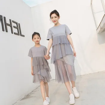 

Mother & Daughter Family Look Summer 2019 New Korean Fashion Mesh Dress Matching Outfits Cotton Mommy and Me Clothes QZ092