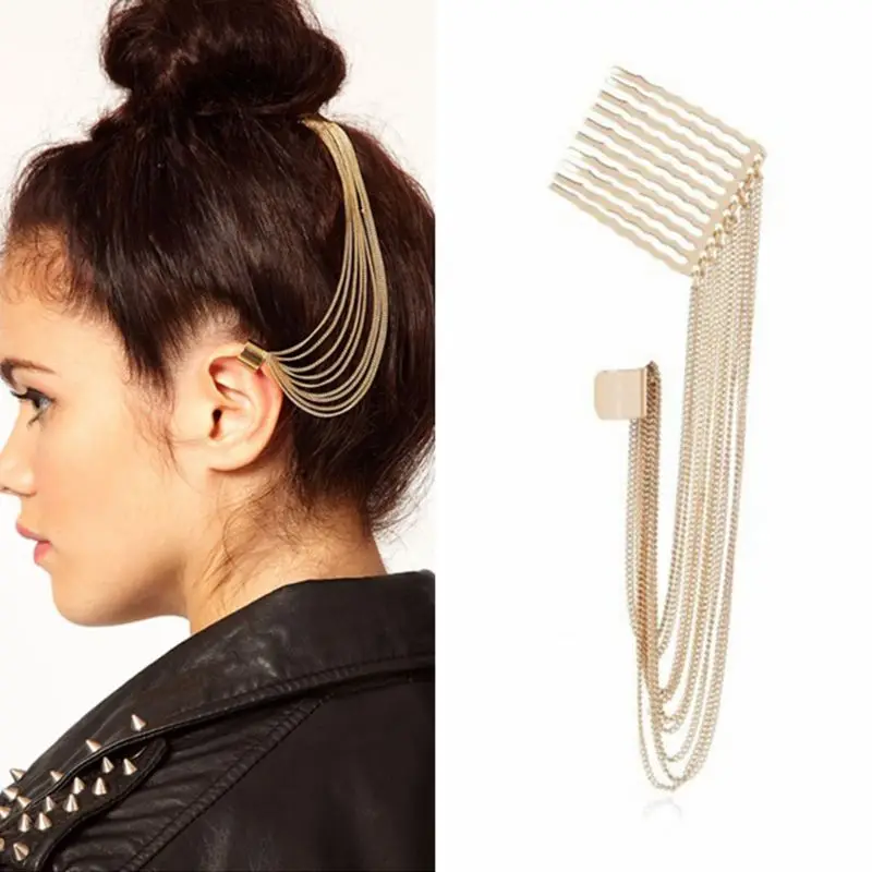 Европейская панк-рок Женская длинная металлическая цепочка с кисточками для девочек, заколка для волос, гребень для ушей, хряща, запонки, серьги-клипсы, вставленная цепочка на голову
