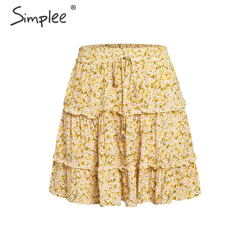Женская юбка Simplee с высокой талией, богемная эластичная короткая юбка с оборками для лета, повседневная мини-юбка на шнуровке для отдыха, актуальная в году - Цвет: Цвет: желтый