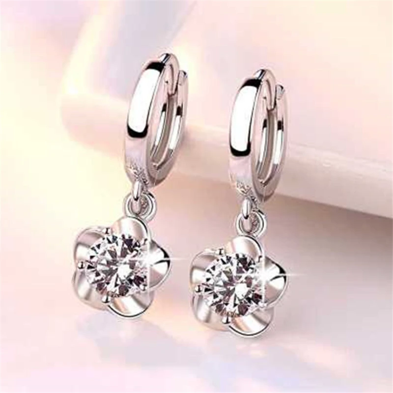 

2019 New Fashion Cute 925 Sterling Silver Cherry blossoms Flower White Pink CZ Drop Earrings For Women Girls Kids Jewelry